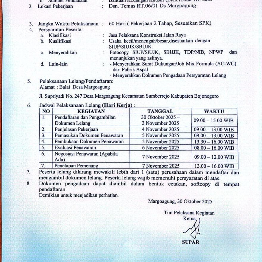 PENGUMUMAN LELANG BKK DESA MARGOAGUNG TAHUN ANGGARAN 2025